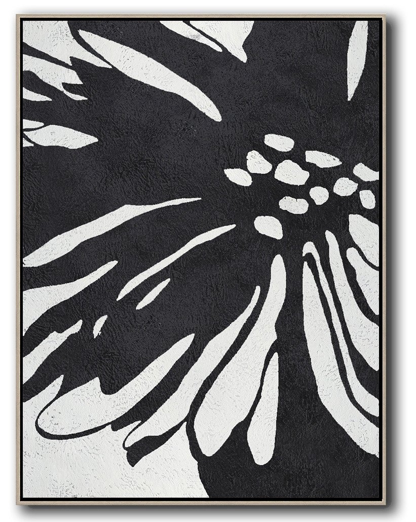 Hand-Painted Black And White Minimal Painting On Canvas - Canvas Art Prints For Sale Waiting Room Huge